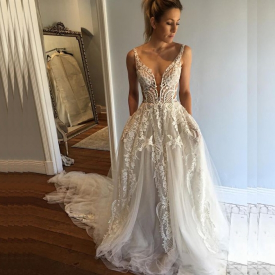 A-line Deep V-neck Chapel Train Wedding Dress with Appliques Pockets - Click Image to Close