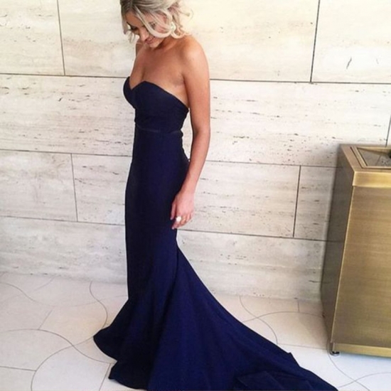Mermaid Sweetheart Sweep Train Navy Blue Prom Dress with Sash - Click Image to Close