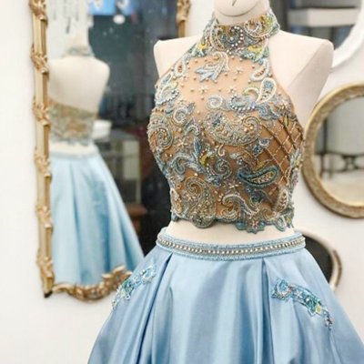 Two Piece Halter Blue Floor-Length Prom Dress with Beading Appliques Pockets
