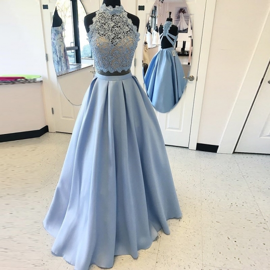 Two Piece Blue High Neck Open Back Prom Dress with Lace Beading - Click Image to Close