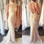 Mermaid Style Ivory Lace High Neck Sweep Train Open Back Prom Dress