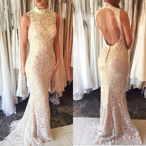 Mermaid Style Ivory Lace High Neck Sweep Train Open Back Prom Dress