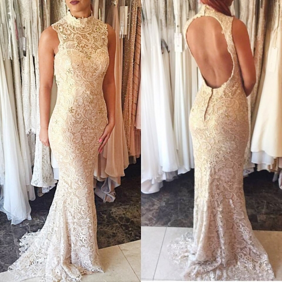 Mermaid Style Ivory Lace High Neck Sweep Train Open Back Prom Dress - Click Image to Close