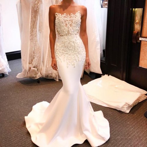 Mermaid Style Illusion Bateau Long White Prom Dress with Beading Appliques