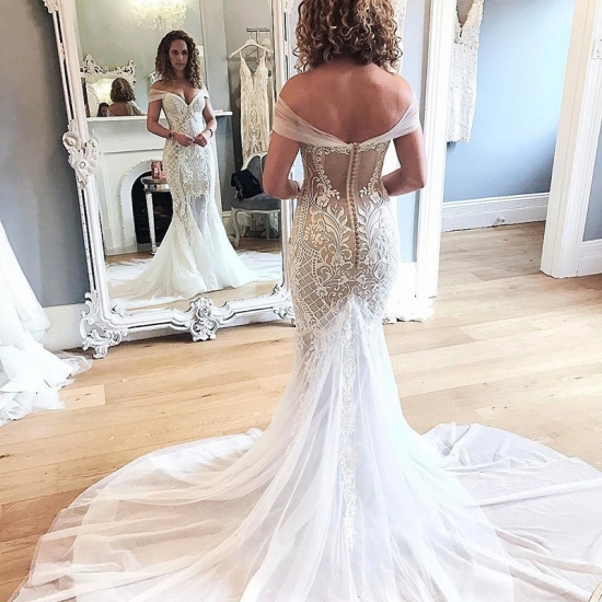 Mermaid Off-the-Shoulder Court Train Wedding Dress with Lace Appliques - Click Image to Close