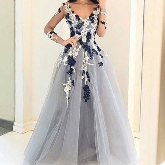 Light Grey Prom Dress - A-line V-neck Long Sleeves Floor-Length with Appliques - Click Image to Close