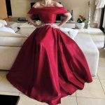 A-line Strapless Short Sleeves Sweep Train Burgundy Satin Prom Dress with Beading