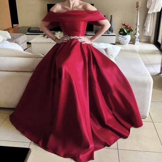 A-line Strapless Short Sleeves Sweep Train Burgundy Satin Prom Dress with Beading - Click Image to Close