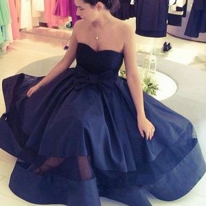Navy Blue Prom Dress - A-line Sweetheart Tea-Length with Bowknot