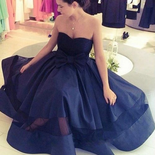 Navy Blue Prom Dress - A-line Sweetheart Tea-Length with Bowknot