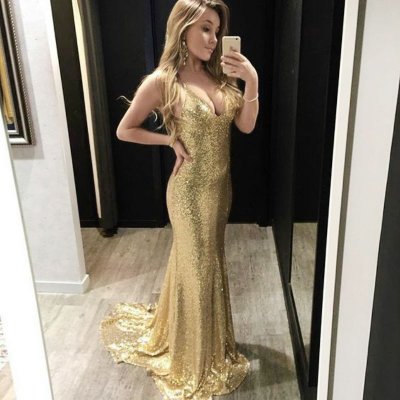 Mermaid Style Straps Sweep Train Backless Gold Sequined Prom Dress