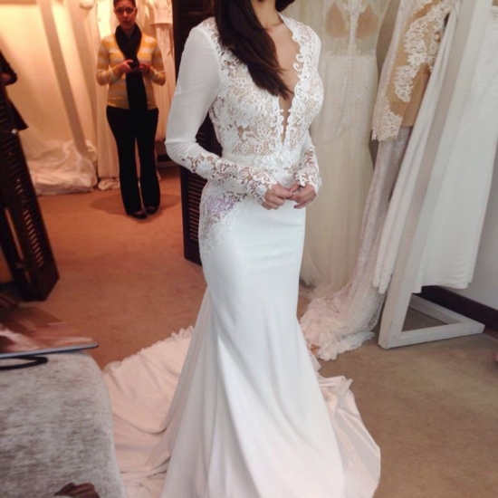 Mermaid Illusion Jewel Long Sleeves Chiffon Wedding Dress with Lace - Click Image to Close