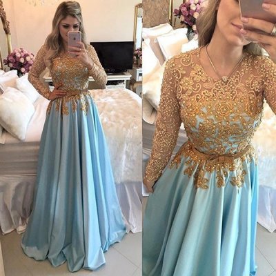 A-Line Jewel Long Sleeves Blue Satin Prom Dress with Sash Beading Appliques