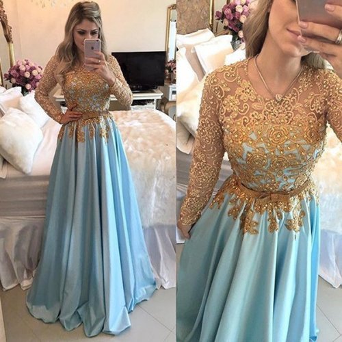 A-Line Jewel Long Sleeves Blue Satin Prom Dress with Sash Beading Appliques