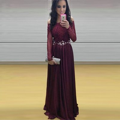 A-Line Off-the-Shoulder Long Sleeves Grape Chiffon Prom Dress with Beading Lace