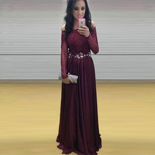 A-Line Off-the-Shoulder Long Sleeves Grape Chiffon Prom Dress with Beading Lace