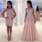 Sheath Sweetheart Pearl Pink Tulle Detachable Train Prom Dress Beading Lace