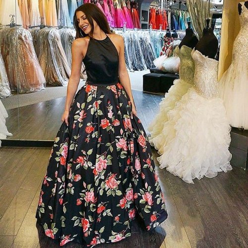 A-Line Halter Floor-Length Black Floral Satin Prom Dress