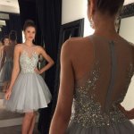 A-Line Illusion Jewel Short Grey Tulle Prom Dress with Beading