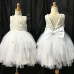 Ball Gown Round Neck V Back Tea-Length White Tulle Flower Girl Dress with Lace