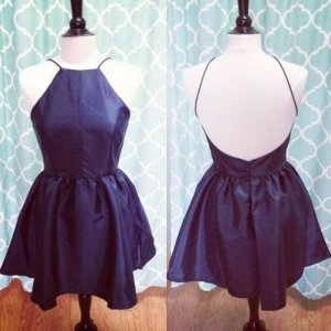A-Line Square Backless Short Navy Blue Satin Homecoming Dress