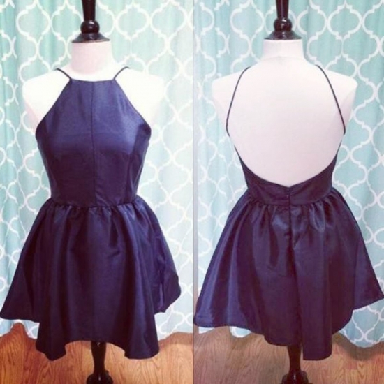 A-Line Square Backless Short Navy Blue Satin Homecoming Dress - Click Image to Close
