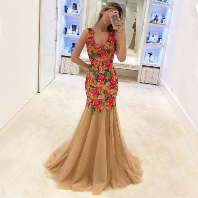 Mermaid V-Neck Sweep Train Champagne Tulle Prom Dress with Appliques