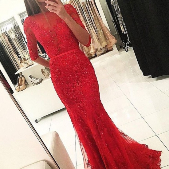 Mermaid Bateau Half Sleeves Backless Red Prom Dress with Beading Appliques - Click Image to Close