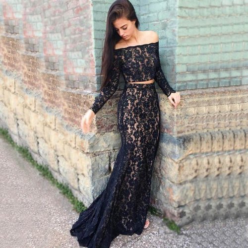 Two Piece Mermaid Strapless Dark Navy Lace Prom Dress with Beading