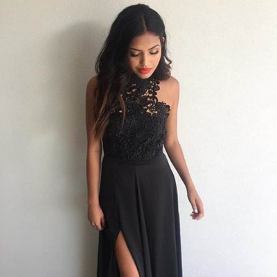 A-Line High Neck Floor-Length Black Chiffon Prom Dress with Lace