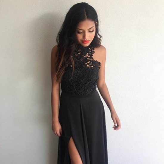 A-Line High Neck Floor-Length Black Chiffon Prom Dress with Lace - Click Image to Close