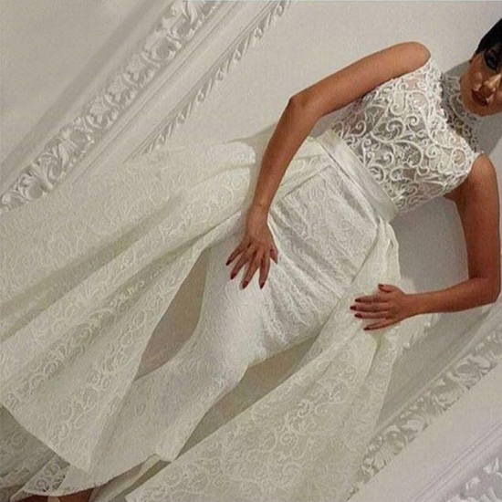 Mermaid High Neck Asymmetrical Ivory Lace Prom Dress with Overskirt - Click Image to Close