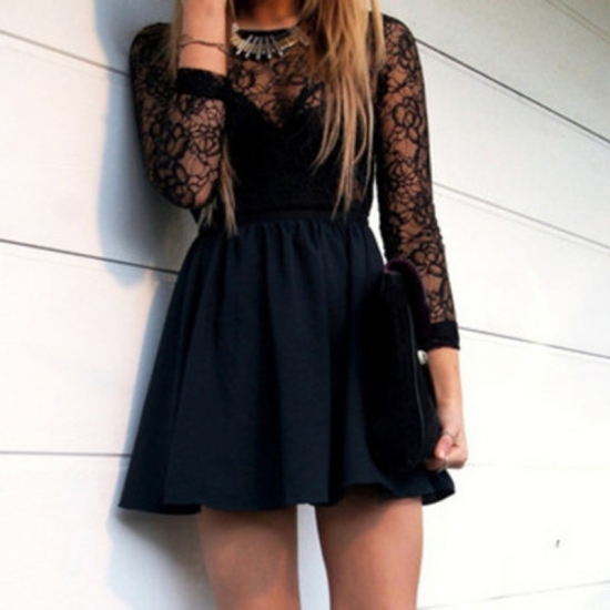 A-Line Bateau 3/4 Sleeves Little Black Dress with Lace - Click Image to Close