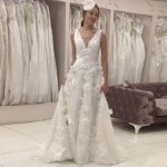 A-Line V-Neck Sweep Train Ivory Lace Wedding Dress with Appliques