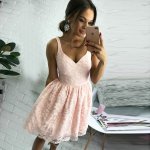 A-Line V-Neck Short Pearl Pink Lace Homecoming Dress