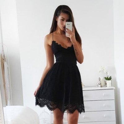 A-Line Spaghetti Straps Lace-up Little Black Lace Dress