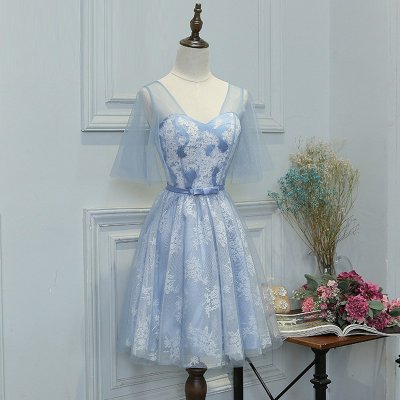A-Line Scoop Short Sleeves Blue Tulle Homecoming Dress with Appliques