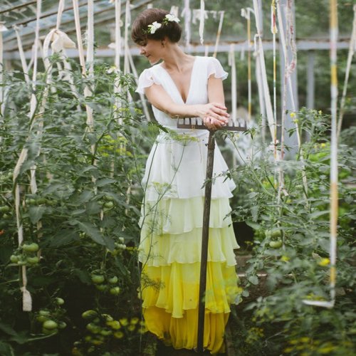 A-Line V-Neck Open Back Ombre Yellow Tiered Chiffon Wedding Dress