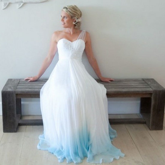 A-Line One-Shoulder Floor-Length Ombre Chiffon Wedding Dress with Lace - Click Image to Close