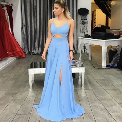 A-Line Spaghetti Straps Backless Blue Chiffon Prom Dress with Split Cut Out