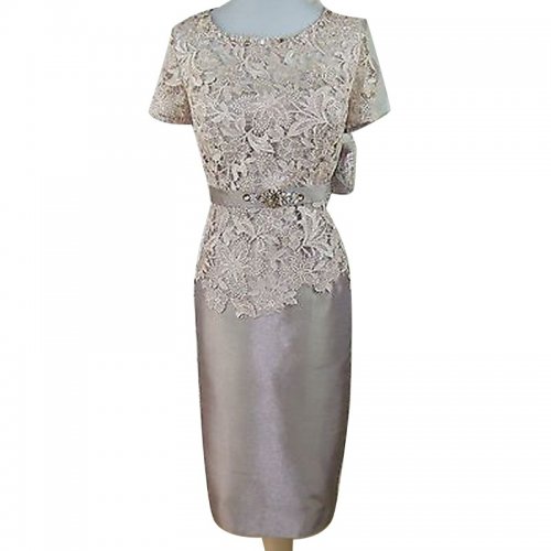 Bodycon Bateau Short Sleeves Silver Mother of The Bride Dress with Lace Beading