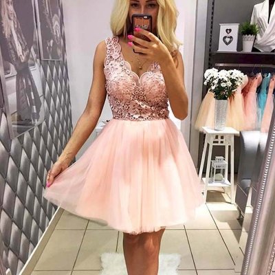 A-Line V-Neck Short Pearl Pink Tulle Homecoming Dress with Lace