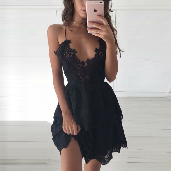 A-Line Spaghetti Straps Short Black Lace Homecoming Dress - Click Image to Close