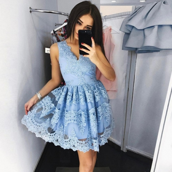 A-Line V-Neck Short Light Sky Blue Tulle Homecoming Dress with Appliques - Click Image to Close