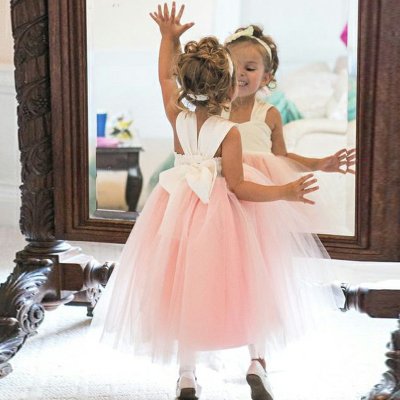 Ball Gown Square Tea-Length Pink Tulle Flower Girl Dress with Bowknot