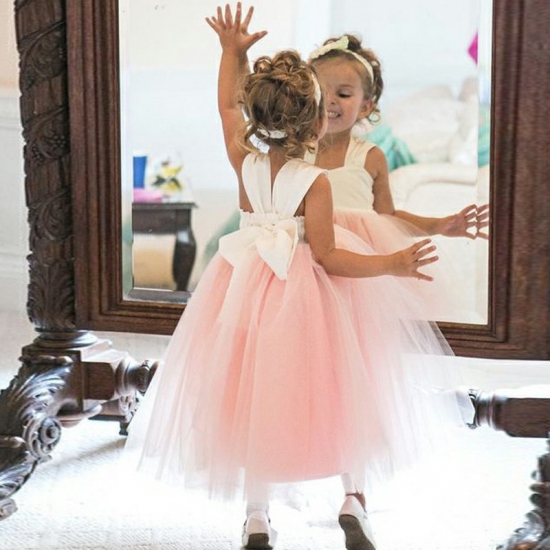 Ball Gown Square Tea-Length Pink Tulle Flower Girl Dress with Bowknot - Click Image to Close