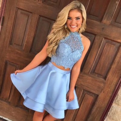 Two Piece Round Neck Short Blue Satin Homecoming Dress with Lace