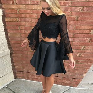 Two Piece Bateau Backless Short Black Homecoming Dress with Lace Sleeves
