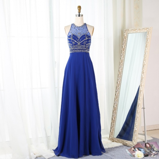A-Line Round Neck Open Back Royal Blue Chiffon Prom Dress with Beading - Click Image to Close
