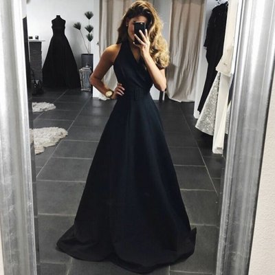 A-Line Halter Backless Floor-Length Black Satin Prom Dress with Sash